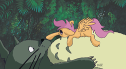 Size: 1200x662 | Tagged: safe, artist:lynnpone, imported from derpibooru, scootaloo, pegasus, pony, anime, boop, crossover, cute, cutealoo, my neighbor totoro, totoro