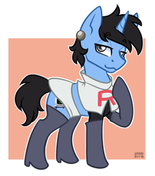 Size: 904x1024 | Tagged: safe, artist:sabrib, imported from derpibooru, oc, oc only, oc:tinker doo, pony, unicorn, boots, clothes, cosplay, costume, crossdressing, ear piercing, earring, evening gloves, eyebrows, eyebrows visible through hair, gloves, horn, jewelry, lidded eyes, long gloves, male, piercing, pokémon, raised hoof, shoes, smiling, smirk, smug, solo, solo male, stallion, team rocket, thigh boots