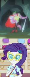 Size: 856x2160 | Tagged: safe, edit, edited screencap, imported from derpibooru, screencap, rarity, spike, a dog and pony show, equestria girls, equestria girls series, spring breakdown, spoiler:eqg series (season 2), beefspike, blushing, cape, clothes, cropped, female, interspecies, lance, male, shipping, shipping domino, sparity, straight, sunglasses, weapon