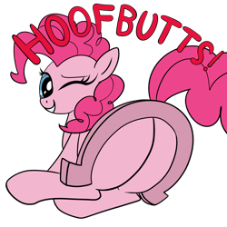 Size: 3000x3000 | Tagged: safe, artist:littlenaughtypony, imported from derpibooru, pinkie pie, earth pony, pony, balloonbutt, butt, female, frog (hoof), grin, high res, hoofbutt, horseshoes, literal, looking at you, looking back, looking back at you, mare, one eye closed, plot, simple background, smiling, transparent background, underhoof, wink