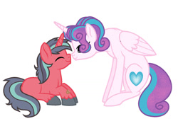 Size: 1280x913 | Tagged: safe, artist:socket1971, imported from derpibooru, princess flurry heart, oc, oc:shining apple, alicorn, pony, unicorn, base used, boop, brother and sister, colt, eyes closed, female, half-siblings, magical gay spawn, male, mare, noseboop, offspring, older, older flurry heart, parent:big macintosh, parent:shining armor, parents:shiningmac, siblings, simple background, white background