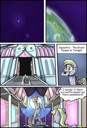 Size: 1772x2599 | Tagged: safe, artist:shieltar, imported from derpibooru, part of a set, derpy hooves, twilight sparkle, pony, unicorn, comic:giant twilight, comic, cute, dialogue, female, giant pony, giant twilight sparkle, giantess, high res, jewelry, macro, mare, necklace, part of a series, planet, signature, size difference, solo, space, stars, statue, twiabetes, unicorn twilight