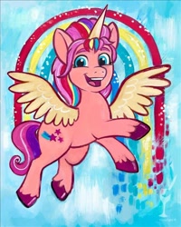 Size: 480x600 | Tagged: safe, artist:painting with a twist, imported from derpibooru, sunny starscout, alicorn, earth pony, pony, spoiler:g5, alicornified, female, flying, g5, mane stripe sunny, mare, official, painting, princess sunny starscout, race swap, rainbow, simple background, solo, sunnycorn, traditional art, transformation, watermark