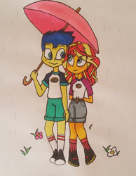 Size: 1280x1650 | Tagged: safe, artist:cherthecat, imported from derpibooru, flash sentry, sunset shimmer, equestria girls, legend of everfree, female, flashimmer, male, rain, shipping, straight, traditional art, umbrella