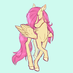 Size: 1280x1280 | Tagged: safe, artist:kittenfacecat, imported from derpibooru, fluttershy, pegasus, pony, colored hooves, eyes closed, female, floppy ears, head turned, mare, raised hoof, raised leg, simple background, solo, standing, stray strand, three quarter view, turned head, wings
