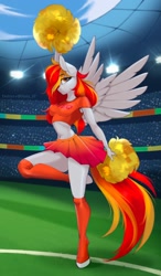 Size: 1198x2048 | Tagged: safe, artist:u_lu_lu, imported from derpibooru, oc, oc only, oc:diamond sun, anthro, pegasus, unguligrade anthro, belly button, breasts, cheerleader, cheerleader outfit, clothes, commission, female, lidded eyes, looking at you, mare, midriff, pom pom, shirt, skirt, socks, solo, spread wings, stadium, standing, standing on one leg, wings