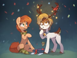 Size: 1845x1389 | Tagged: safe, artist:rexyseven, imported from derpibooru, oc, oc only, oc:rusty gears, oc:sofiko, deer, earth pony, pony, bell, bell collar, bow, christmas, christmas lights, clothes, collar, confetti, holiday, present, scarf, smiling, socks, striped scarf, striped socks