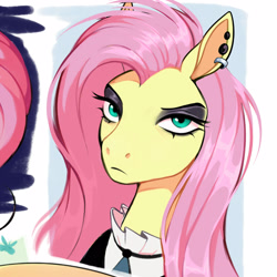 Size: 2500x2500 | Tagged: safe, artist:punkcoa, artist:punkypants, imported from derpibooru, fluttershy, pegasus, pony, bust, clothes, dress, ear piercing, earring, eyeshadow, female, fluttergoth, high res, jewelry, looking at you, makeup, mare, piercing, solo