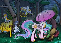 Size: 1600x1132 | Tagged: safe, artist:malinsasse, imported from derpibooru, discord, princess celestia, alicorn, draconequus, pegasus, pony, 2014, bandage, butt, chariot, crash, dislestia, female, forest, hammer, implied kissing, injured, male, mallet, mare, mouth hold, obtrusive watermark, plot, rain, royal guard, shipping, signature, stallion, straight, tongue out, umbrella, watermark, wheel