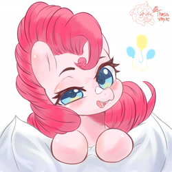 Size: 2700x2700 | Tagged: safe, artist:velcius, imported from derpibooru, pinkie pie, earth pony, pony, cute, diapinkes, high res, open mouth, pillow, solo