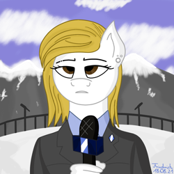 Size: 1000x1000 | Tagged: safe, artist:friedrich911, imported from derpibooru, oc, oc only, anthro, blonde, clothes, ear piercing, earring, female, jewelry, journalist, mare, microphone, mountain, piercing, sky, snow, solo, suit, white