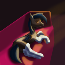 Size: 2500x2500 | Tagged: safe, artist:trotski432, artist:vezja, imported from derpibooru, oc, oc only, oc:yeet fang, bat pony, pony, clothes, couch, crepuscular rays, high res, looking at you, lying down, male, simple background, socks, solo, striped socks, thigh highs