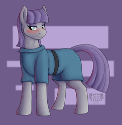 Size: 1273x1309 | Tagged: safe, artist:sursiq, imported from derpibooru, maud pie, earth pony, pony, bedroom eyes, blushing, clothes, cute, dress, eyelashes, eyeshadow, female, frown, looking away, makeup, mare, purple mane, solo, standing, watermark, wingding eyes