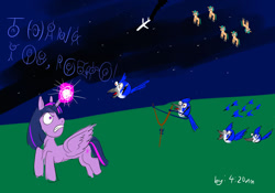 Size: 1024x717 | Tagged: safe, artist:horsesplease, imported from derpibooru, hitch trailblazer, twilight sparkle, bird, blue jay, unown, aeroplanes and meteor showers, angry, angry birds, catapult, doodle, g5, magic, multeity, night, plane, pokémon, sad hitch, wing ears