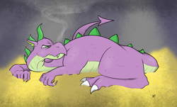 Size: 4776x2884 | Tagged: safe, artist:underwoodart, imported from derpibooru, spike, dragon, friendship is magic, gold, hoard, simple background, smoke, solo, updated