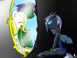 Size: 256x192 | Tagged: safe, artist:harthric, imported from derpibooru, oc, oc:gel, oc:rhino, changeling, unicorn, disguise, disguised changeling, mirror