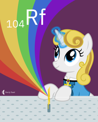 Size: 4000x5000 | Tagged: safe, artist:parclytaxel, imported from derpibooru, oc, oc only, oc:guiding light, pony, unicorn, series:joycall6's periodic table, .svg available, absurd resolution, ankh, chemistry, clothes, commission, experiment, female, jewelry, looking up, magic, magic aura, mare, necklace, periodic table, pink background, rainbow, rutherfordium, science, simple background, sitting, smiling, solo, suit, vector