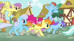 Size: 1200x675 | Tagged: safe, screencap, carrot top, golden harvest, pinkie pie, rainbow dash, earth pony, pegasus, pony, unicorn, eyes closed, female, flying, mare, open mouth, ponyville, running, smiling
