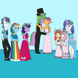 Size: 2048x2048 | Tagged: safe, artist:mintymelody, imported from derpibooru, apple bloom, rainbow dash, rarity, scootaloo, soarin', spike, sweetie belle, twilight sparkle, anthro, 1000 hours in ms paint, bridesmaid, bridesmaid dress, bridesmaids, clothes, dress, female, flower filly, flower girl, flower girl dress, kissing, male, scootaspike, shipping, straight