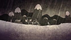 Size: 1280x724 | Tagged: safe, artist:nyancat380, imported from ponybooru, sweetie belle, pony, unicorn, black and white, coffin, crowd, falling apart, funeral, grayscale, monochrome, rain, rarity's funeral, sad, vignette