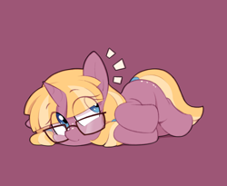 Size: 1858x1522 | Tagged: safe, artist:shinodage, imported from ponybooru, oc, oc only, oc:butter berry, pony, unicorn, cute, emanata, female, filly, glasses, ocbetes, pigtails, purple background, side, simple background, solo, tail wrap, twintails