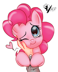 Size: 1869x2323 | Tagged: safe, artist:horsepen, imported from ponybooru, pinkie pie, earth pony, human, pony, cute, hand, heart, one eye closed, petting, simple background, transparent background