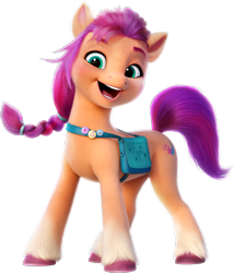 Size: 5225x6118 | Tagged: safe, imported from derpibooru, sunny starscout, earth pony, pony, absurd resolution, badge, bag, female, fluttershy's cutie mark, g5, mare, my little pony: a new generation, official, rainbow dash's cutie mark, satchel, simple background, solo, transparent background, twilight sparkle's cutie mark