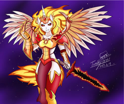 Size: 2675x2242 | Tagged: safe, artist:cvkt500, imported from derpibooru, daybreaker, anthro, plantigrade anthro, absurd resolution, armor, badass, breasts, claws, fangs, female, looking at you, mane of fire, mare, simple background, solo, spread wings, sword, weapon, wings