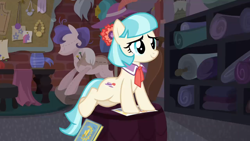 Size: 1920x1080 | Tagged: safe, imported from derpibooru, screencap, coco pommel, pony, made in manehattan, cocobetes, cute, female, flyer, mare, scrapbook, sitting, smiling, solo, stool