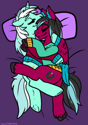 Size: 1410x2000 | Tagged: safe, artist:sexygoatgod, imported from derpibooru, lyra heartstrings, oc, oc:razzmatazz gleam, hybrid, pegasus, pony, unicorn, canon x oc, clothes, cuddling, duo, hoodie, sleeping