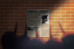 Size: 3000x2000 | Tagged: safe, artist:trotski432, artist:vezja, imported from derpibooru, changeling, equestria at war mod, blackletter, brick wall, bricks, crepuscular rays, german, hat, headphones, high res, newspaper, out of focus, peaked cap, shadow, tall tale, wall