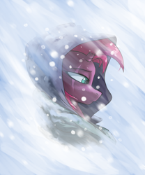 Size: 2000x2400 | Tagged: safe, artist:rocket-lawnchair, imported from derpibooru, tempest shadow, pony, unicorn, blizzard, clothes, eye scar, female, high res, mare, remorse, sad, scar, snow, snowfall, solo