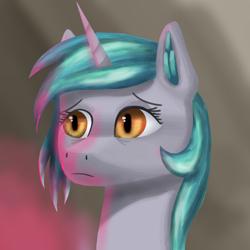 Size: 1000x1000 | Tagged: safe, artist:trotski432, artist:vezja, imported from derpibooru, oc, unicorn, abstract background, bust, horn, pensive, portrait, stressed