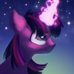 Size: 1441x1454 | Tagged: safe, artist:draw3, artist:draw__3, imported from derpibooru, twilight sparkle, pony, chromatic aberration, ear fluff, glowing horn, horn, magic, smiling, solo, sparkles