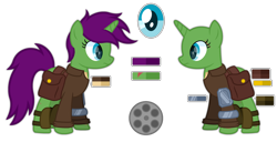 Size: 3700x1900 | Tagged: safe, artist:ponkus, imported from derpibooru, oc, oc only, oc:six-shooter, pony, unicorn, fallout equestria, armor, bag, clothes, commission, female, mare, purple mane, reference sheet, saddle bag, shirt, solo, undershirt