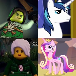 Size: 1280x1280 | Tagged: safe, imported from derpibooru, princess cadance, shining armor, alicorn, pony, unicorn, andrew francis, britt mckillip, exploitable meme, female, harumi, lego, lego ninjago, male, meme, morro, my little pony, ninjago, same voice actor, stallion