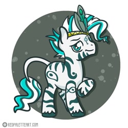 Size: 894x894 | Tagged: safe, artist:redpalette, imported from derpibooru, oc, oc:clear skies ahead, zebra, abstract background, crown, cute, feather, headwear, jewelry, male, markings, regalia, smiling, smirk, unshorn fetlocks, zebra oc