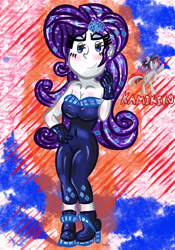 Size: 2100x3000 | Tagged: safe, artist:kamikiku, imported from derpibooru, rarity, equestria girls, equestria girls series, the other side, breasts, busty rarity, clothes, female, high res, outfit, skintight, skintight clothes, smiling, solo, unitard