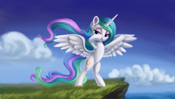 Size: 4000x2250 | Tagged: safe, artist:flusanix, imported from derpibooru, princess celestia, alicorn, pony, bipedal, cloud, female, high res, solo, spread wings, teenager, wings, younger