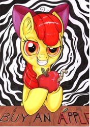 Size: 2481x3509 | Tagged: safe, artist:yellowrobin, imported from derpibooru, apple bloom, earth pony, pony, worm, apple, apple worm, buy some apples, devious smile, female, filly, food, grin, high res, looking at you, smiling, solo