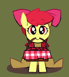 Size: 615x682 | Tagged: source needed, safe, artist:karzahnii, imported from derpibooru, apple bloom, earth pony, pony, adorabloom, apple, apple basket, cute, female, filly, food, looking at you, mouth hold, solo