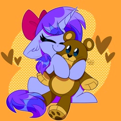 Size: 1200x1200 | Tagged: safe, artist:wutanimations, imported from derpibooru, oc, oc only, pony, unicorn, bow, floppy ears, hair bow, happy, heart, hug, plushie, smiling, solo, teddy bear