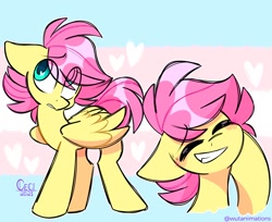 Size: 1200x977 | Tagged: safe, artist:wutanimations, imported from derpibooru, fluttershy, pegasus, pony, eyes closed, floppy ears, grin, heart, male, pride, pride flag, smiling, solo, trans male, trans masculine, transgender, transgender pride flag