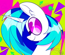 Size: 1200x1024 | Tagged: safe, artist:wutanimations, imported from derpibooru, dj pon-3, vinyl scratch, pony, unicorn, abstract background, color porn, glasses, horn, smiling, solo