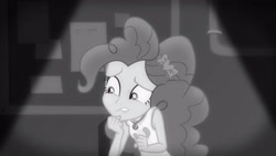 Size: 3410x1920 | Tagged: safe, imported from derpibooru, screencap, pinkie pie, equestria girls, equestria girls series, rarity investigates: the case of the bedazzled boot, black and white, clothes, cutie mark, cutie mark on clothes, female, geode of sugar bombs, grayscale, jewelry, lip bite, magical geodes, monochrome, necklace, rarity investigates (eqg): pinkie pie, solo, sweat, tanktop