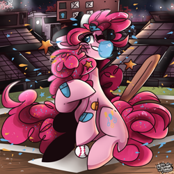 Size: 2400x2400 | Tagged: safe, artist:its_sunsetdraws, imported from derpibooru, pinkie pie, earth pony, pony, baseball, baseball bat, baseball cap, baseball field, baseball theme, bubblegum, cap, cheek fluff, cheeky smile, digital art, fanart, food, gum, hat, high res, home plate, night, night sky, one eye closed, poofy mane, sky, solo, sports, wink