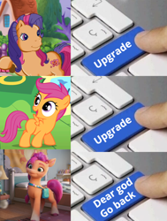 Size: 1700x2244 | Tagged: safe, imported from derpibooru, scootaloo, scootaloo (g3), sunny starscout, earth pony, spoiler:g5, spoiler:my little pony: a new generation, delete this please, exploitable meme, female, filly, g3, g3 scootaloo, g4, g4 purist, g5, mare, meme, my little pony, my little pony: a new generation, op is a duck, op is trying too hard, op isn't even trying anymore, upgrade meme, wrong aspect ratio