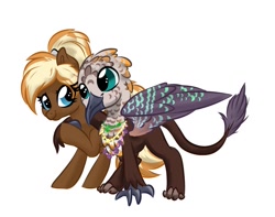 Size: 903x710 | Tagged: safe, artist:jen-neigh, imported from derpibooru, oc, oc only, oc:teensy, oc:toffee, griffon, pony, fallout equestria, blushing, fallout equestria: of shadows, jewelry, necklace