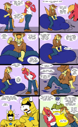 Size: 788x1280 | Tagged: safe, artist:beowulf100, imported from derpibooru, big macintosh, braeburn, shining armor, anthro, earth pony, unicorn, armor, balloon, balloon fetish, balloon popping, clothes, comic, commission, cowboy hat, dialogue, digital art, door, eyes closed, fetish, hat, horn, looking at each other, male, open mouth, pants, popping, royal guard, shirt, shocked, shoes, smiling, smirk, spear, speech bubble, talking, text, that pony sure does love balloons, unamused, weapon