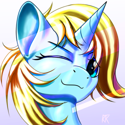 Size: 2000x2000 | Tagged: safe, artist:ktk's sky, imported from derpibooru, oc, oc only, pony, unicorn, female, high res, horn, one eye closed, simple background, smiling, solo, wink